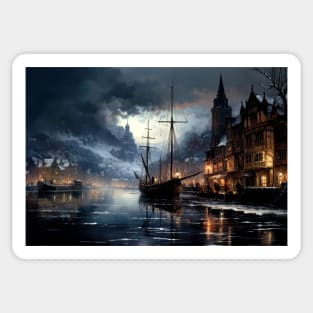 Oil Painting of a Fishing Village Along a River in Winter Sticker